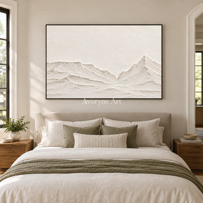 Pale Divide: Textured White Mountain Relief Wall Art — bedroom black