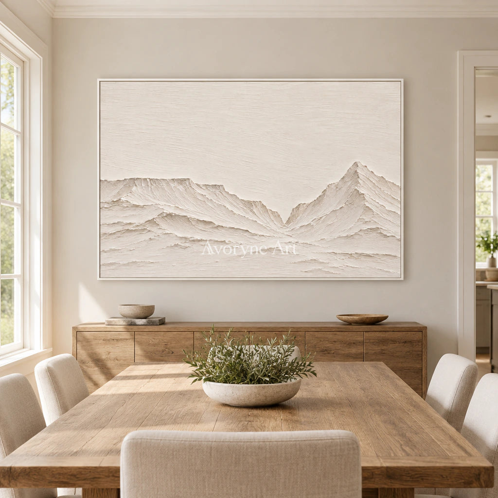 Pale Divide: Textured White Mountain Relief Wall Art — dining white