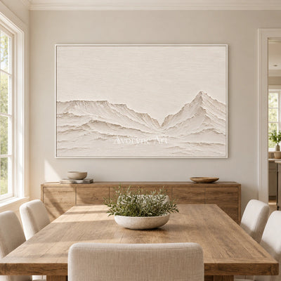Pale Divide: Textured White Mountain Relief Wall Art — dining white