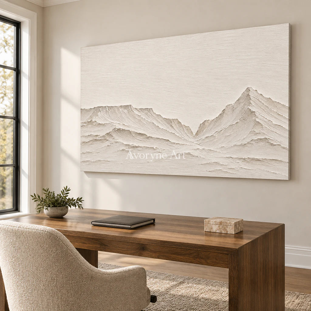 Pale Divide: Textured White Mountain Relief Wall Art — office frameless