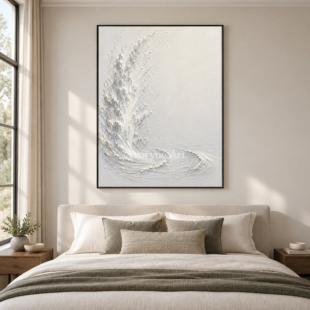 Foam Ascent: Textured White Ocean Relief Wall Art — bedroom black