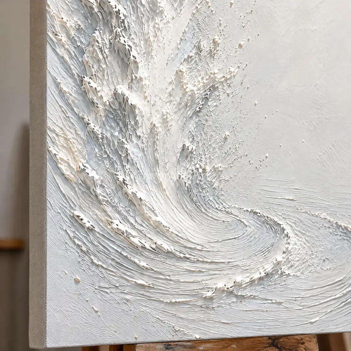 Foam Ascent: Textured White Ocean Relief Wall Art — detail easel