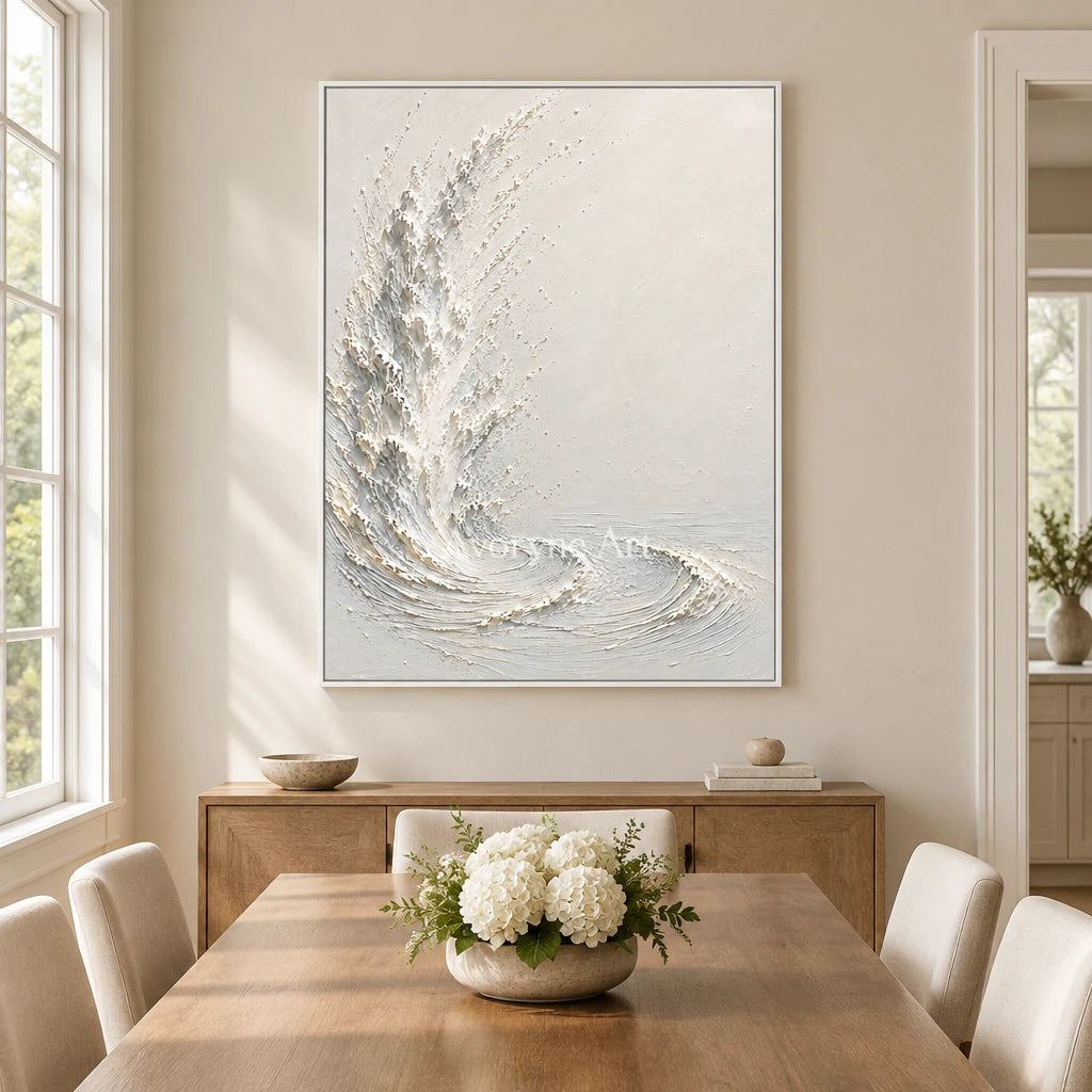 Foam Ascent: Textured White Ocean Relief Wall Art — dining white