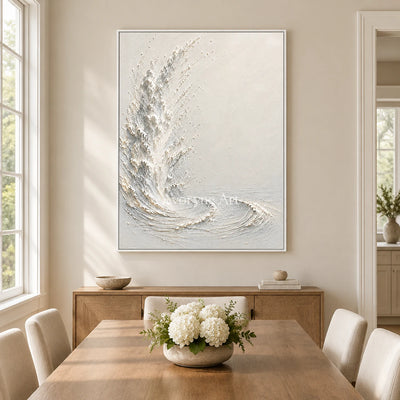Foam Ascent: Textured White Ocean Relief Wall Art — dining white