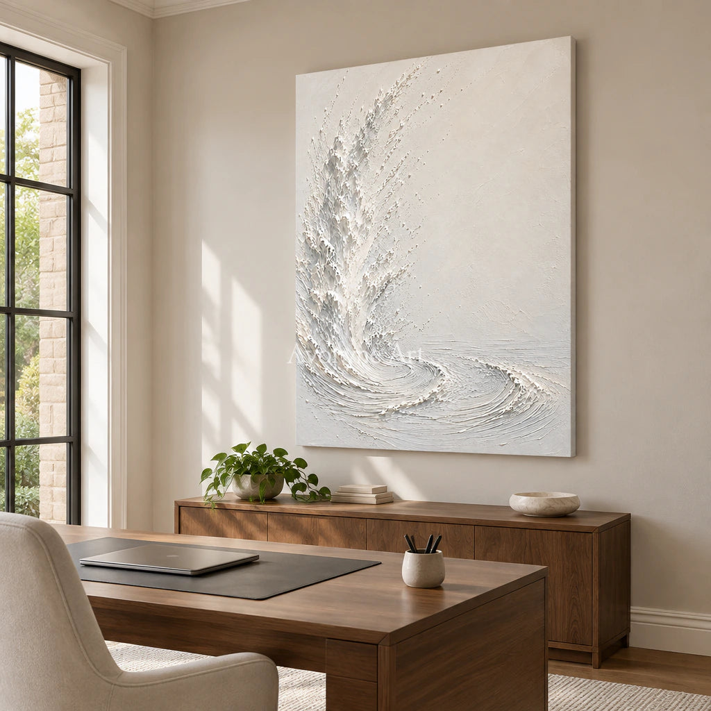 Foam Ascent: Textured White Ocean Relief Wall Art — office frameless