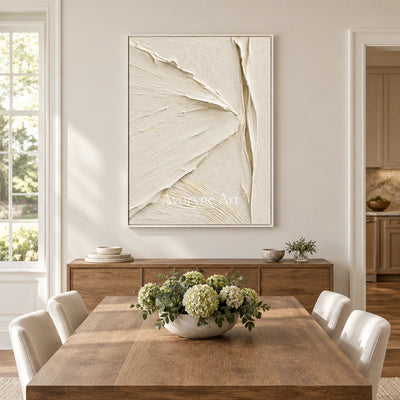 Ivory Planes: Textured White Sculptural Relief Wall Art — dining white