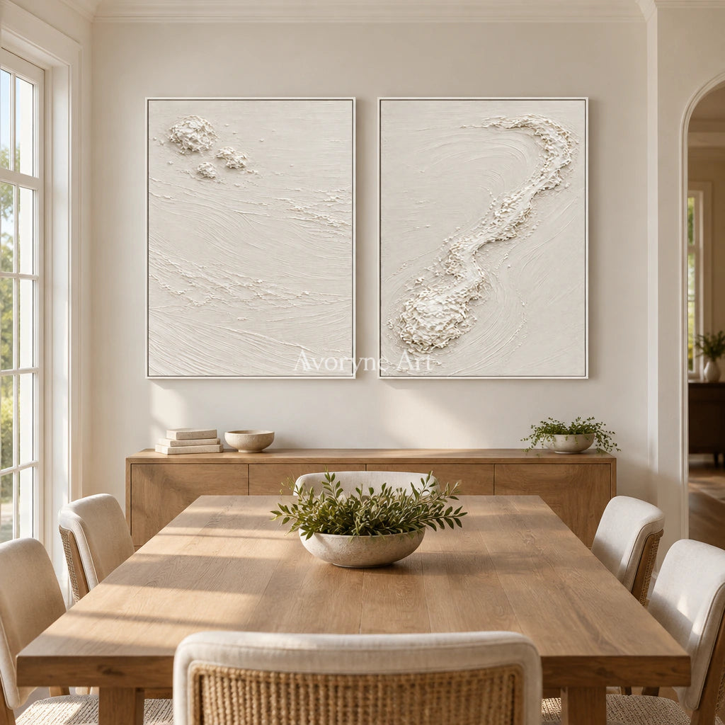 Pale Fragments: Textured White Texture Diptych Wall Art — dining white