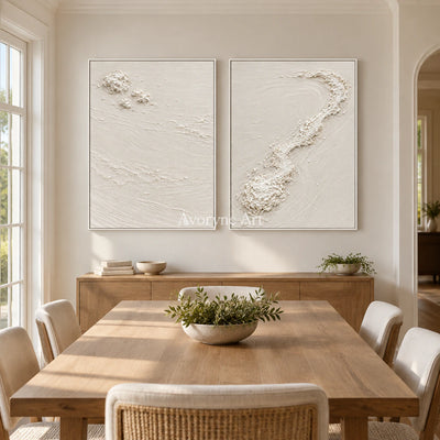 Pale Fragments: Textured White Texture Diptych Wall Art — dining white