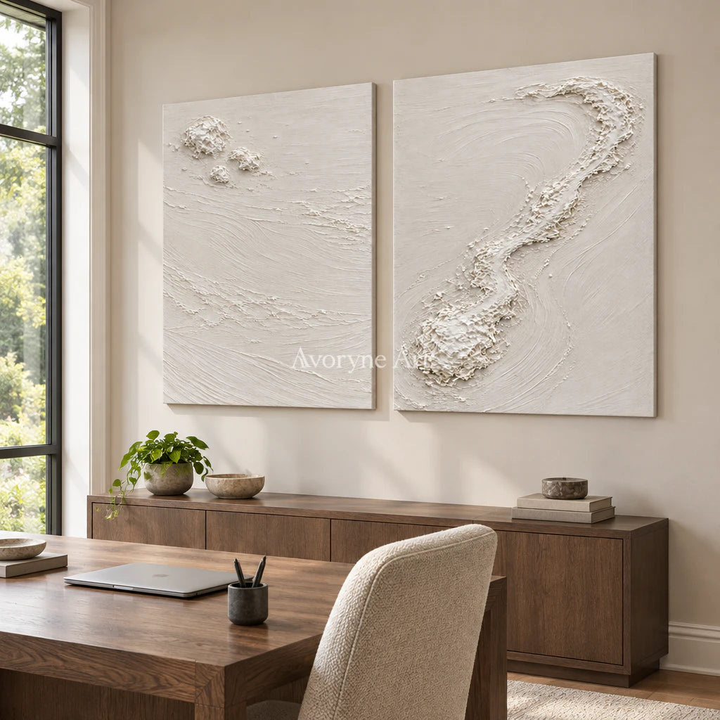 Pale Fragments: Textured White Texture Diptych Wall Art — office frameless