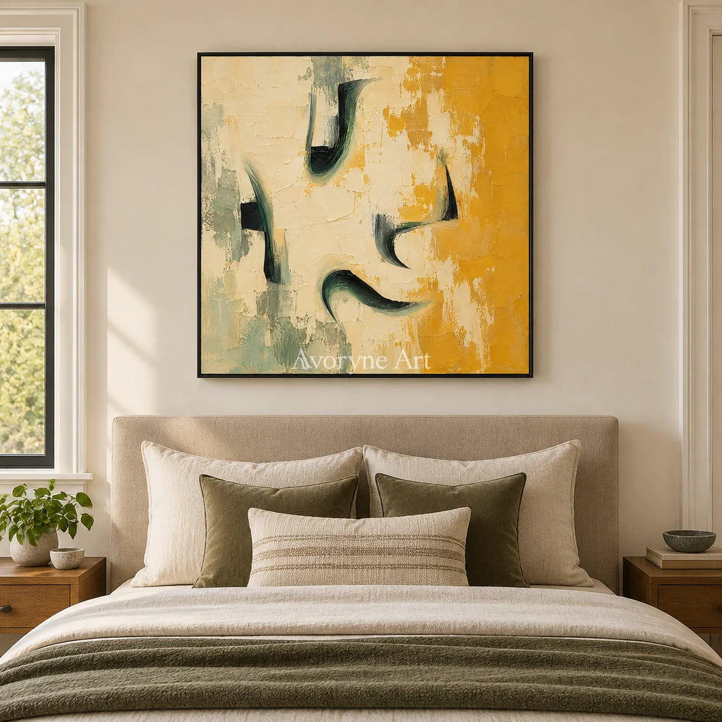 Ochre Notes: Textured Yellow Green Abstract Wall Art — bedroom black