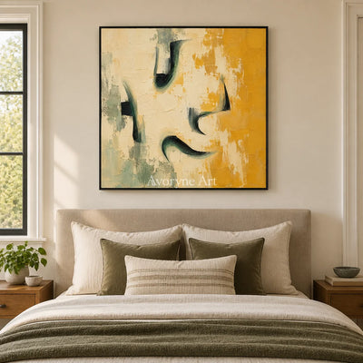Ochre Notes: Textured Yellow Green Abstract Wall Art — bedroom black
