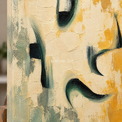Ochre Notes: Textured Yellow Green Abstract Wall Art — detail easel