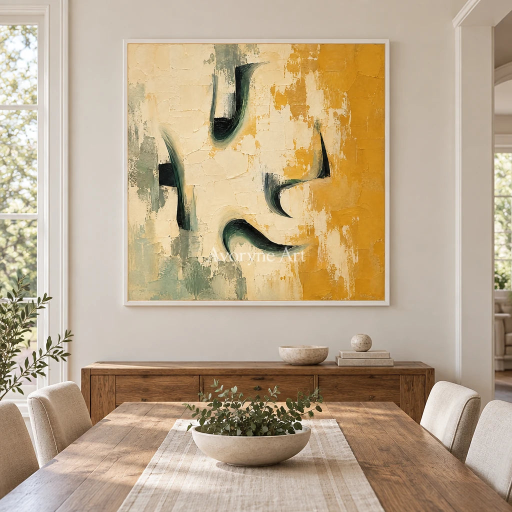 Ochre Notes: Textured Yellow Green Abstract Wall Art — dining white