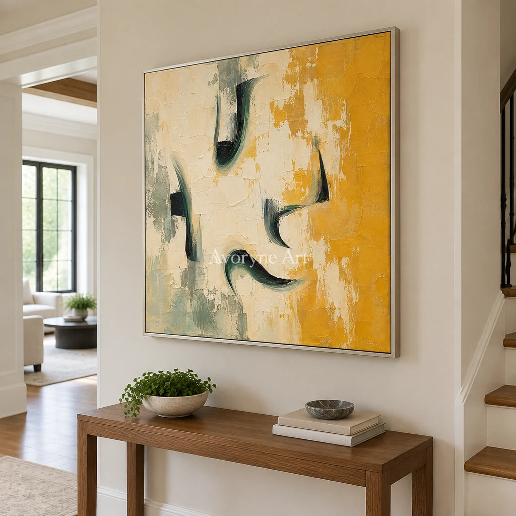 Ochre Notes: Textured Yellow Green Abstract Wall Art — entry silver