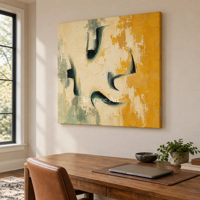 Ochre Notes: Textured Yellow Green Abstract Wall Art — office frameless