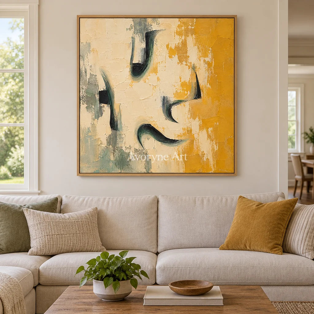 Ochre Notes: Textured Yellow Green Abstract Wall Art — villa wood
