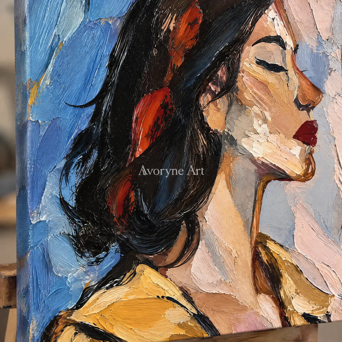 Marigold Reverie: Textured Yellow Portrait Wall Art — detail easel