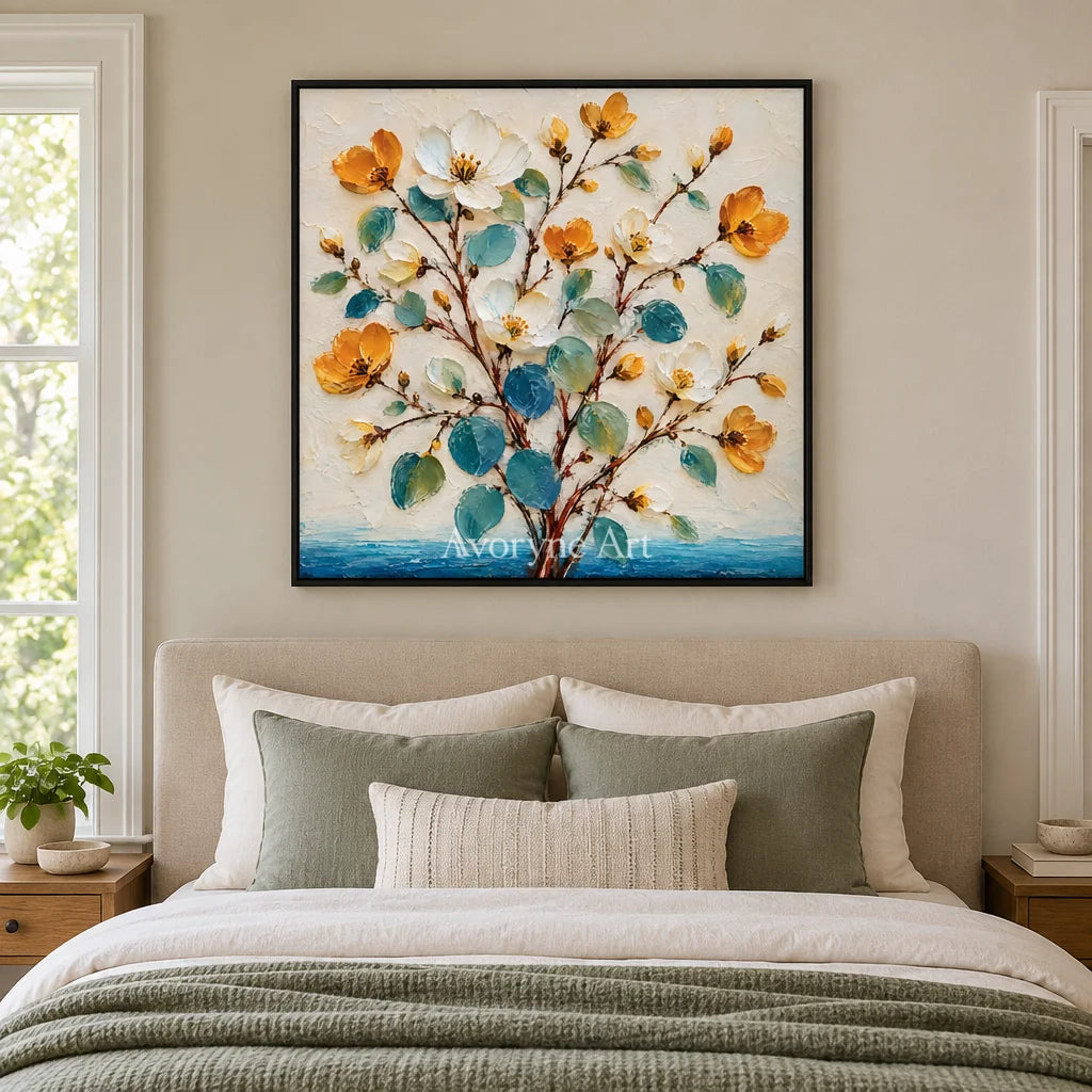 Golden Sprigs: Textured Yellow White Floral Wall Art — bedroom black