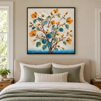 Golden Sprigs: Textured Yellow White Floral Wall Art — bedroom black
