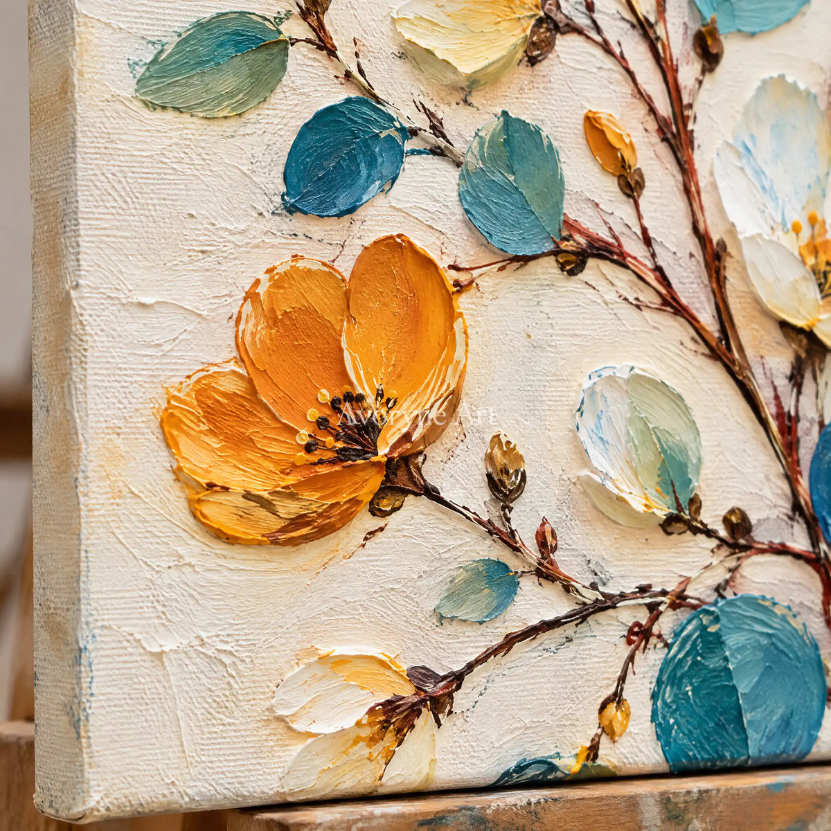Golden Sprigs: Textured Yellow White Floral Wall Art — detail easel