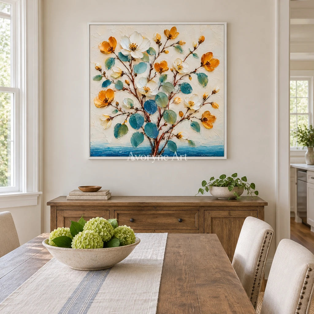 Golden Sprigs: Textured Yellow White Floral Wall Art — dining white