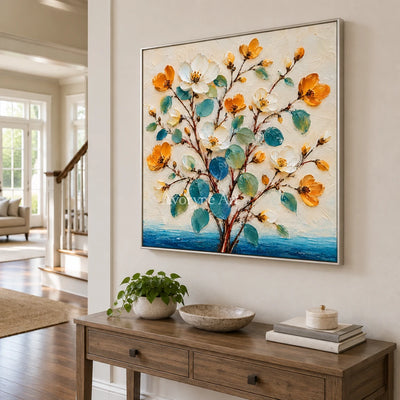 Golden Sprigs: Textured Yellow White Floral Wall Art — entry silver