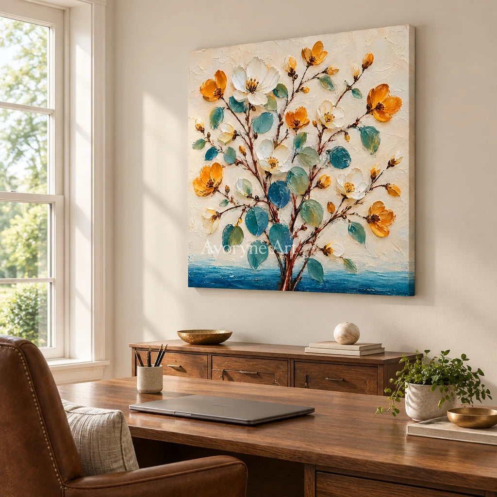 Golden Sprigs: Textured Yellow White Floral Wall Art — office frameless