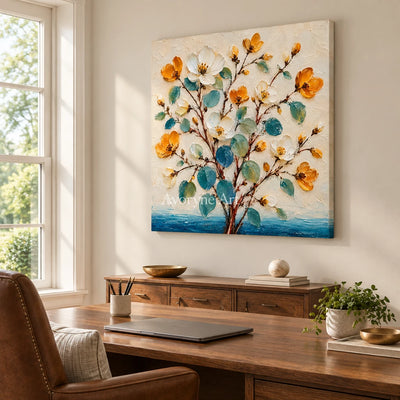 Golden Sprigs: Textured Yellow White Floral Wall Art — office frameless