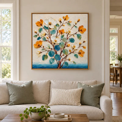 Golden Sprigs: Textured Yellow White Floral Wall Art — villa wood