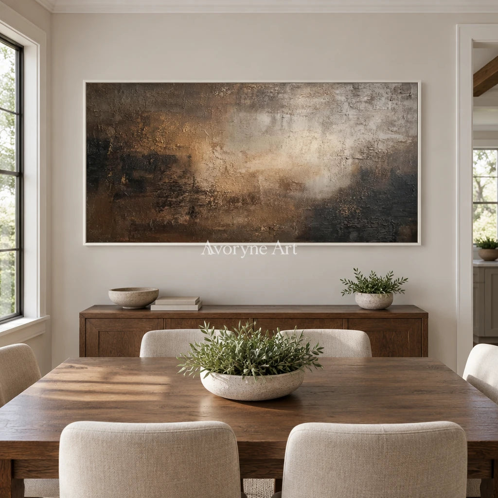 Aster Terrace: Umber Glow Abstract — dining white