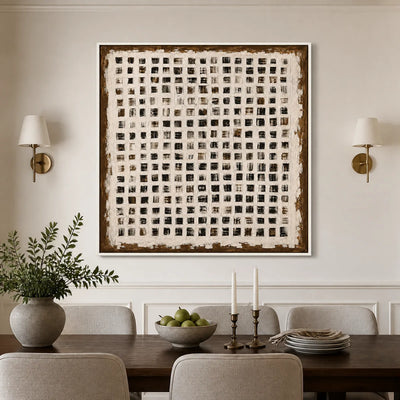 Urban Grid: Textured Geometric Wall Art - dining room white frame