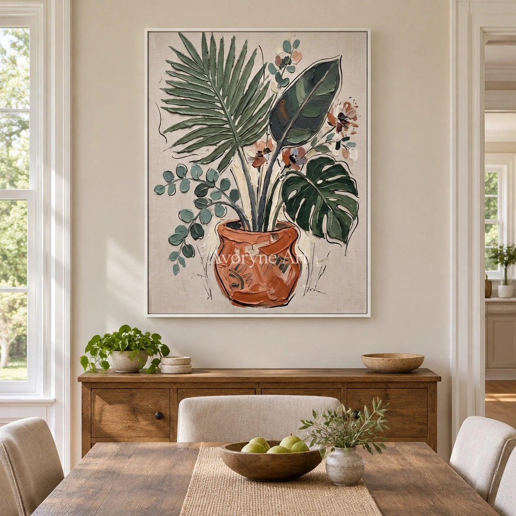 Silver Cadence vase and foliage wall art with a white frame in a dining room