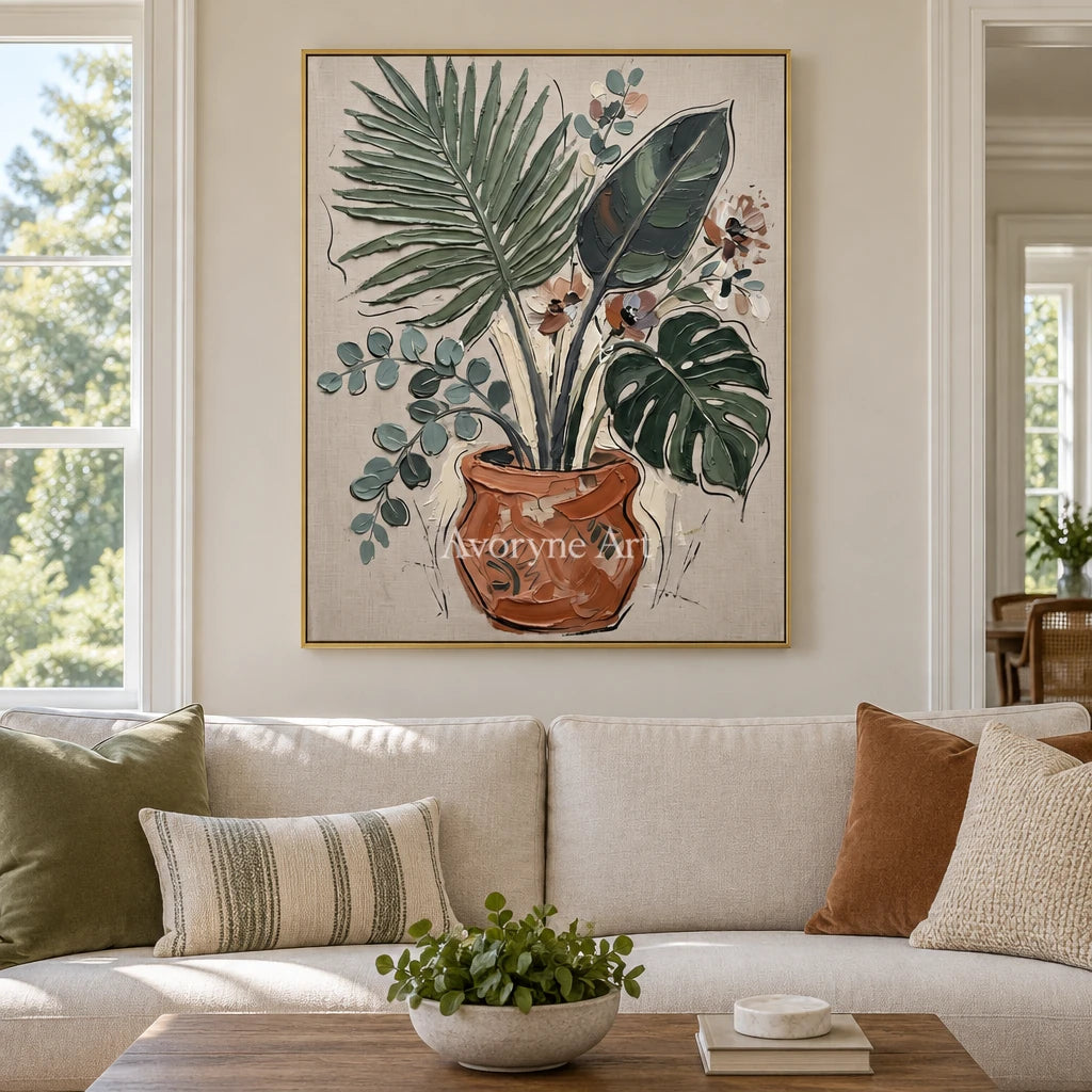 Silver Cadence vase and foliage wall art with a gold frame hanging in a living room