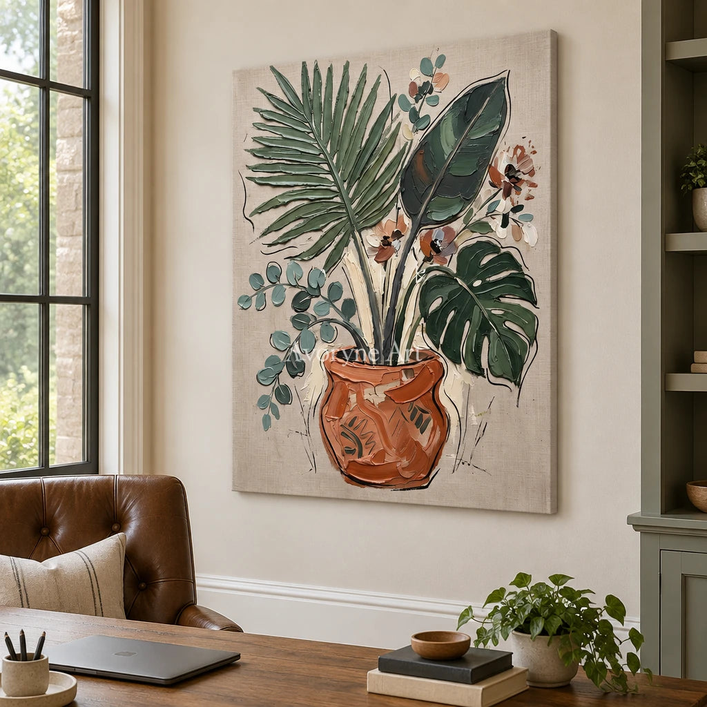 Silver Cadence vase and foliage wall art as a frameless stretched canvas in a home office
