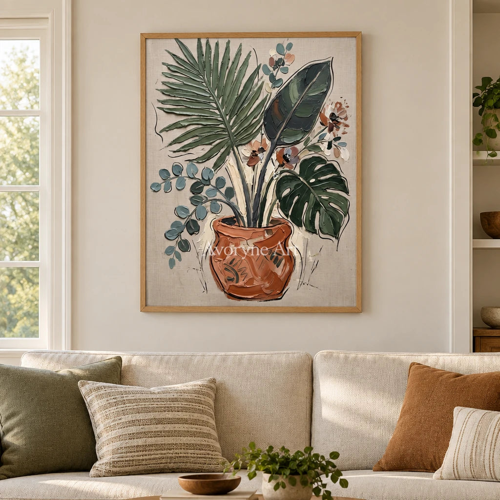 Silver Cadence vase and foliage wall art with a wood frame in a villa living space