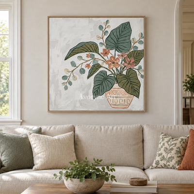 Silver Passage vase and foliage wall art with a wood frame in a villa living space