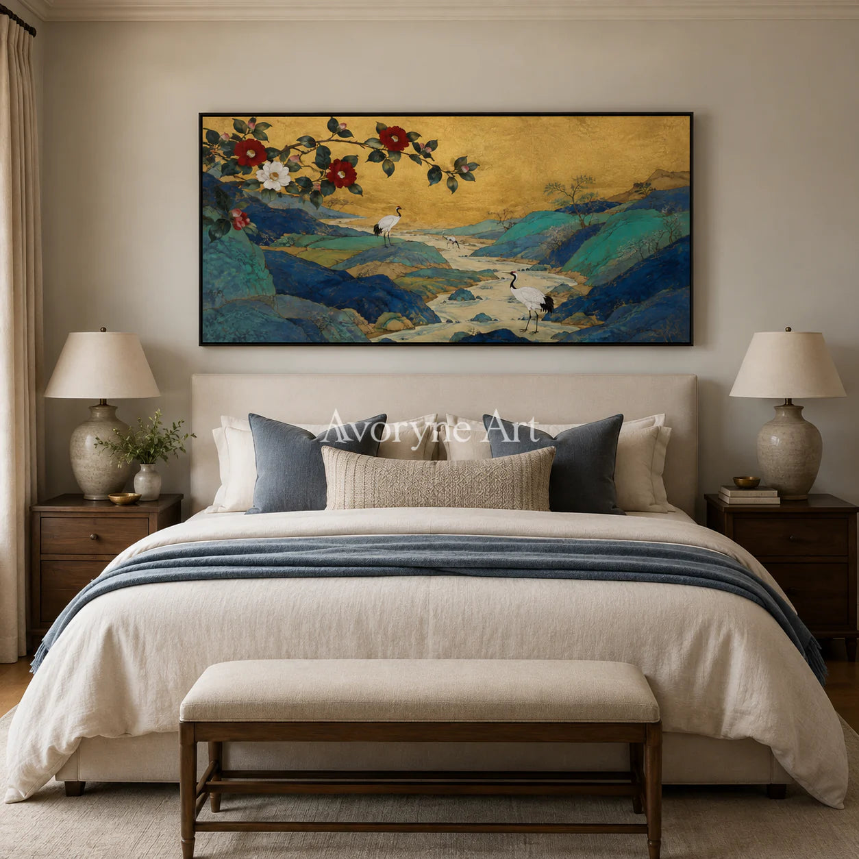 Cranes of Golden Spring: Vertical Asian Crane Floral Wall Art - bedroom black frame