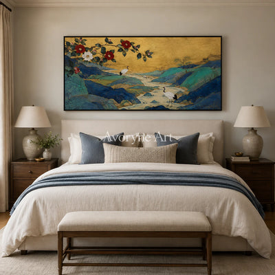 Cranes of Golden Spring: Vertical Asian Crane Floral Wall Art - bedroom black frame