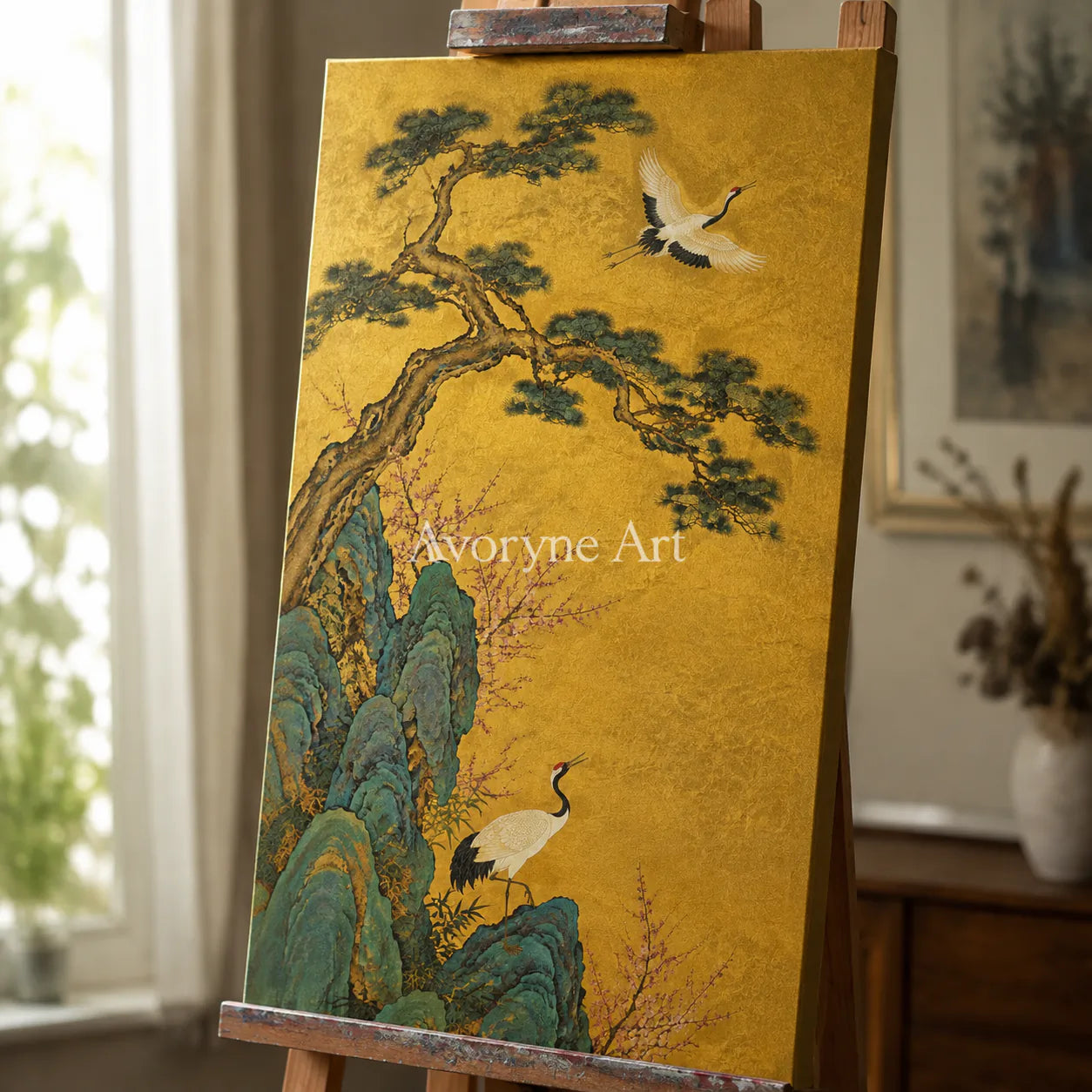 Cranes of Golden Spring: Vertical Asian Crane Floral Wall Art - detail