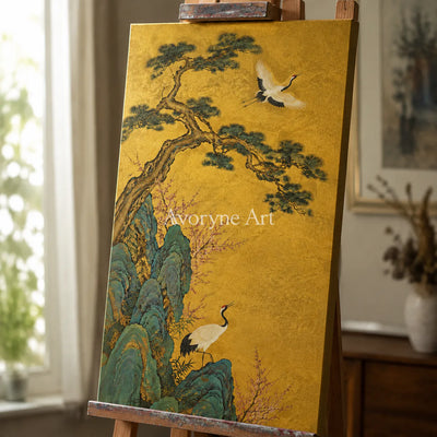 Cranes of Golden Spring: Vertical Asian Crane Floral Wall Art - detail