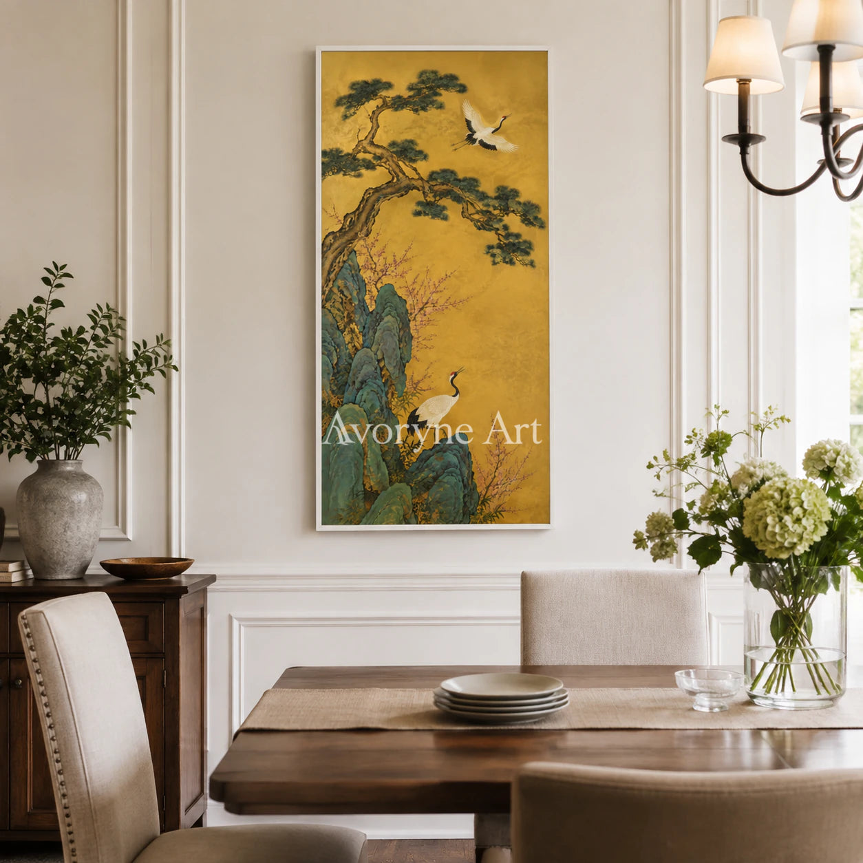Cranes of Golden Spring: Vertical Asian Crane Floral Wall Art - dining room white frame