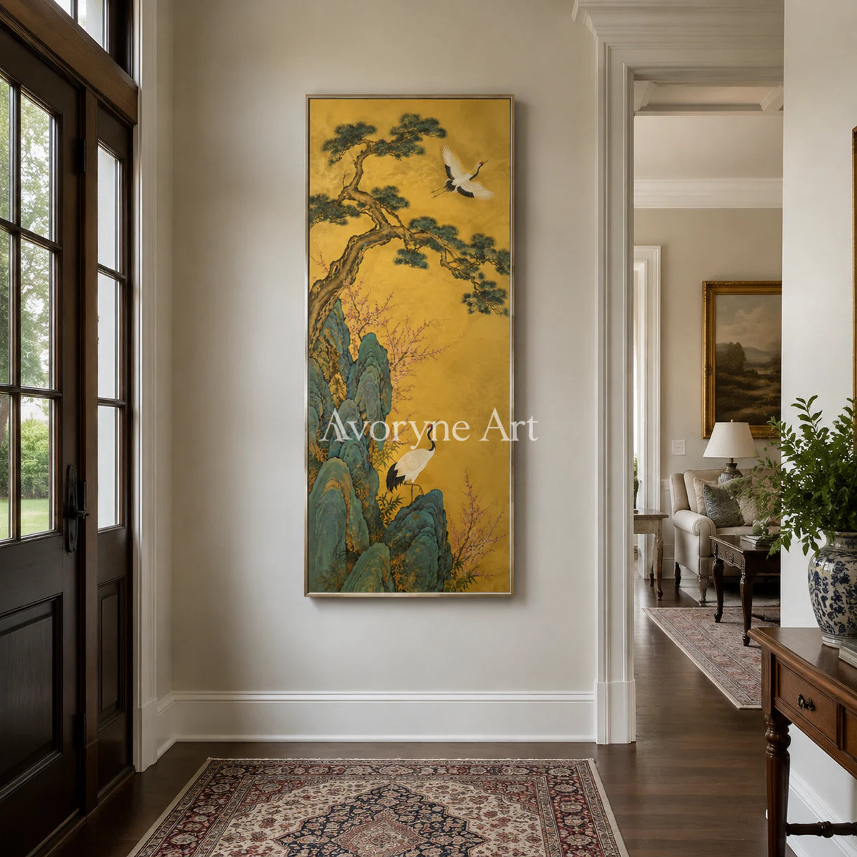 Cranes of Golden Spring: Vertical Asian Crane Floral Wall Art - entryway silver frame