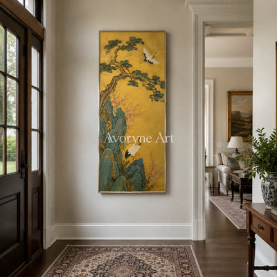 Cranes of Golden Spring: Vertical Asian Crane Floral Wall Art - entryway silver frame