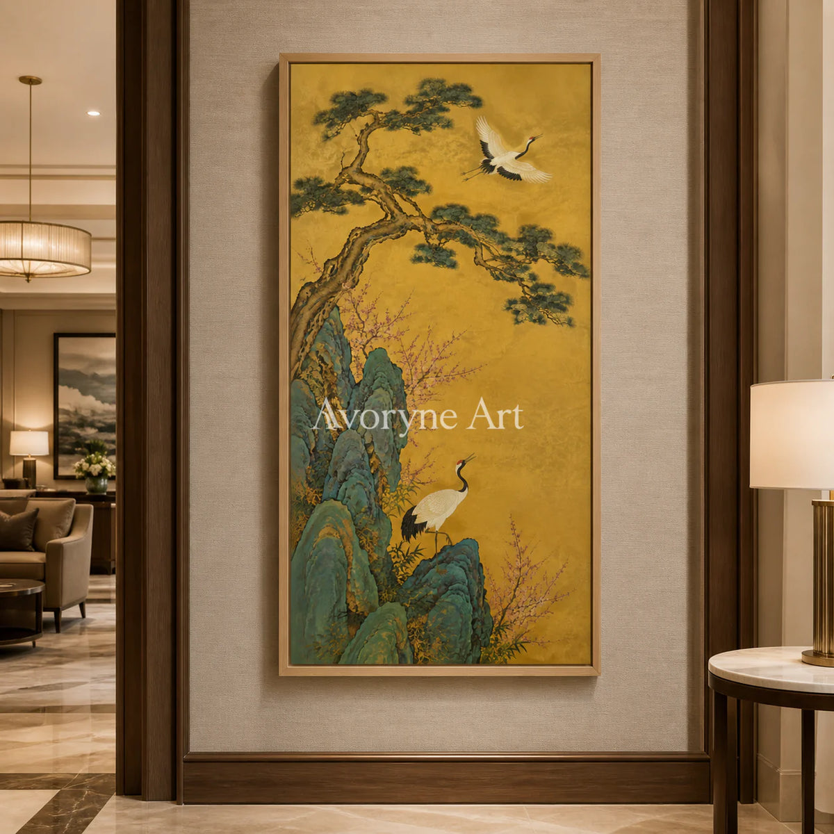 Cranes of Golden Spring: Vertical Asian Crane Floral Wall Art - hotel wood frame