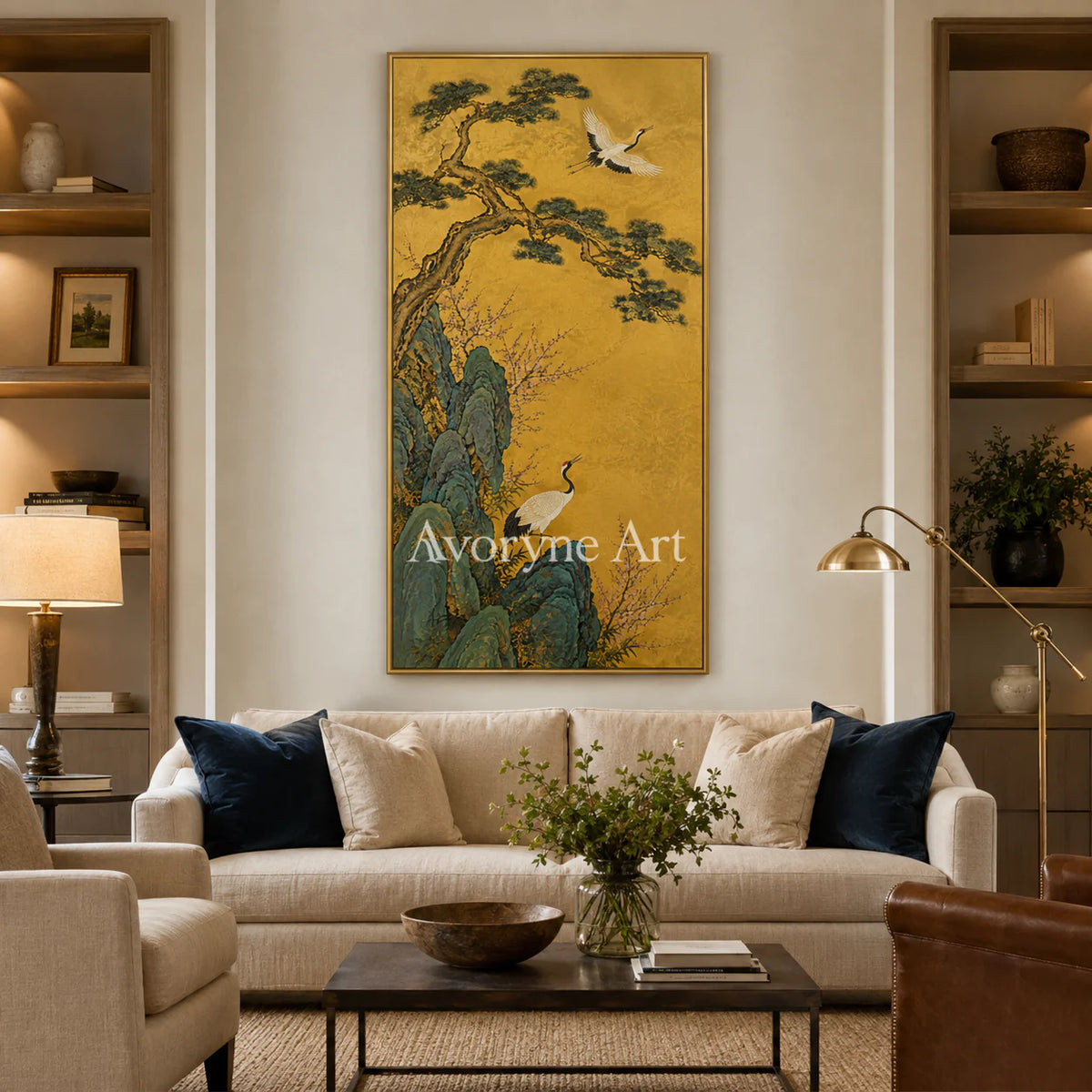 Cranes of Golden Spring: Vertical Asian Crane Floral Wall Art - living room gold frame