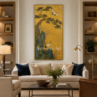 Cranes of Golden Spring: Vertical Asian Crane Floral Wall Art - living room gold frame