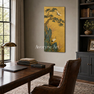 Cranes of Golden Spring: Vertical Asian Crane Floral Wall Art - office frameless