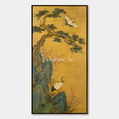 Cranes of Golden Spring: Vertical Asian Crane Floral Wall Art - main
