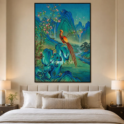 Azure Sanctuary: Vertical Bird and Mountain Wall Art — bedroom black frame