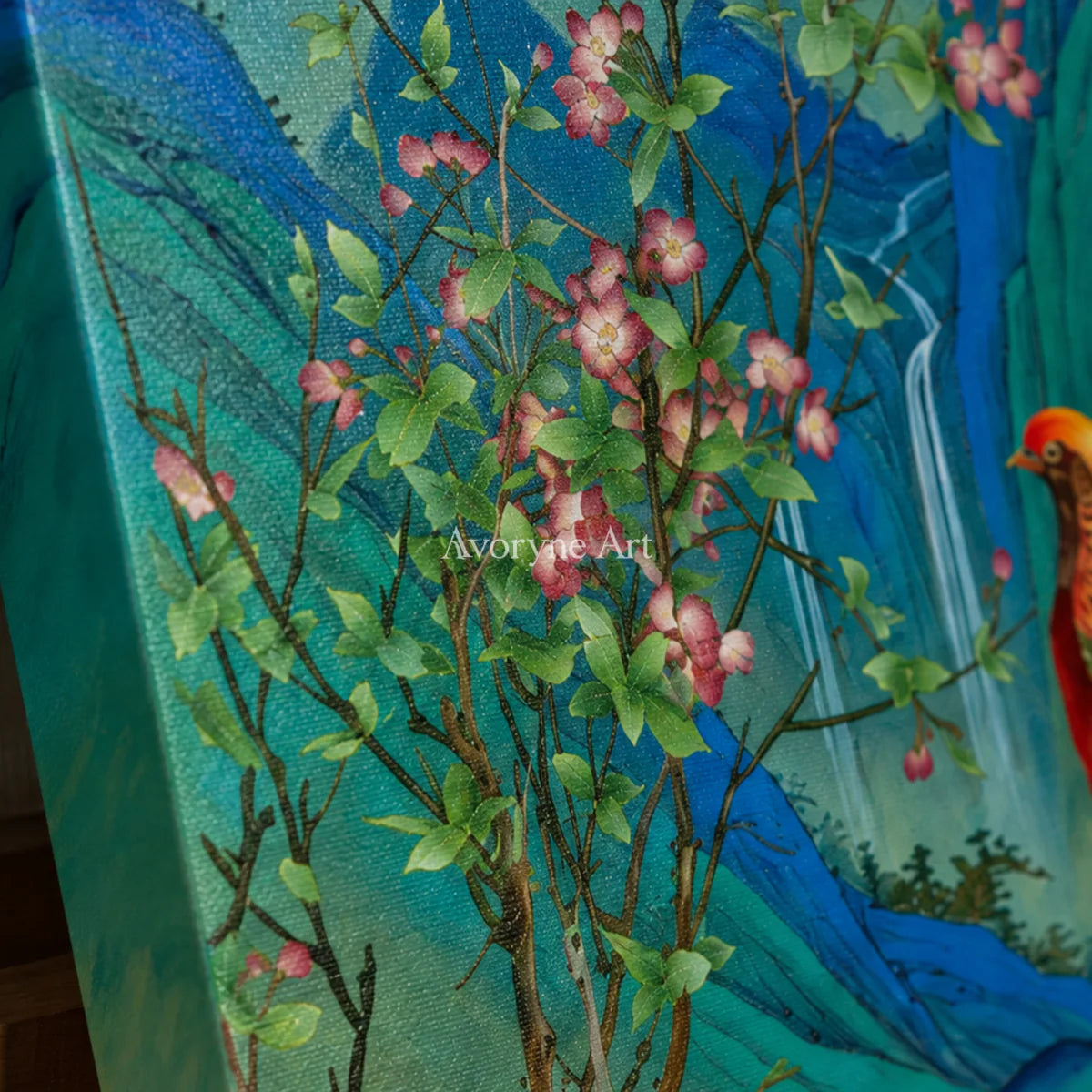 Azure Sanctuary: Vertical Bird and Mountain Wall Art — detail easel oblique